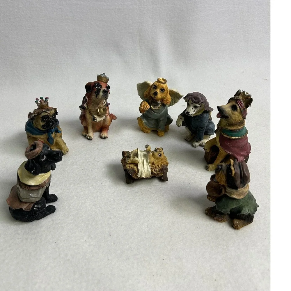 Christmas Dog Nativity 8 Piece Set Multicolor Resin Puppy Figurines‎